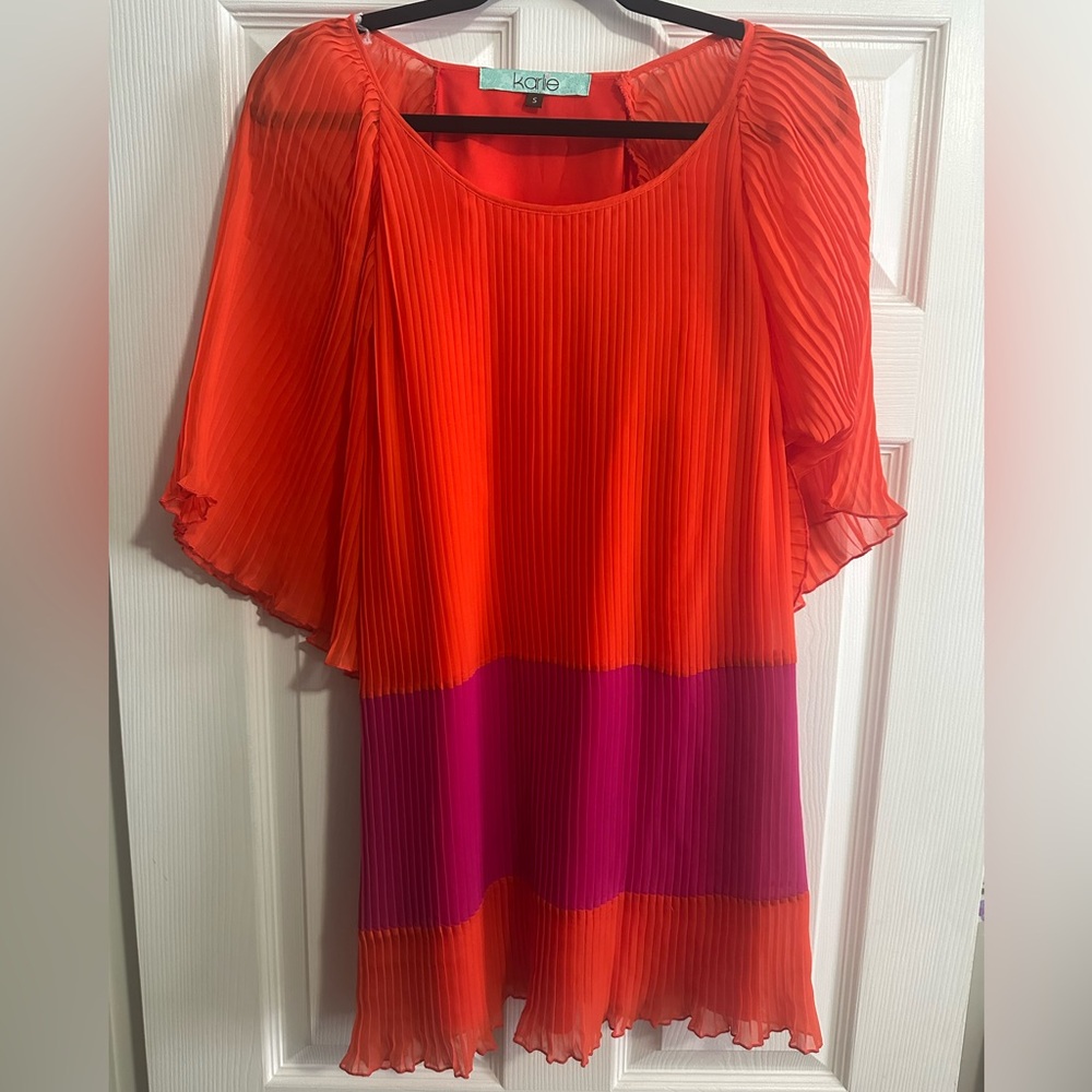Perfect condition orange and purple flare-pleated, short sleeve mini dress